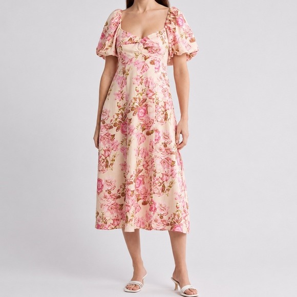 Avec Les Filles Dresses & Skirts - Avec Les Filles Pink Floral Print Puffed Sleeve Twist Bodice Midi Dress Size 12